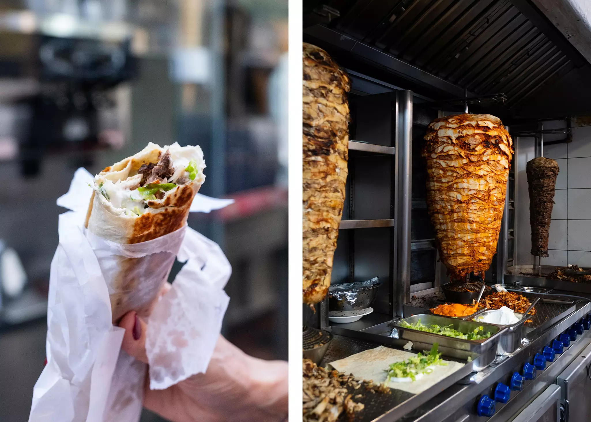 Left, a close up of a hand holding a shawarma sandwich; right, a kitchen with shawarma and other sandwich ingredients.