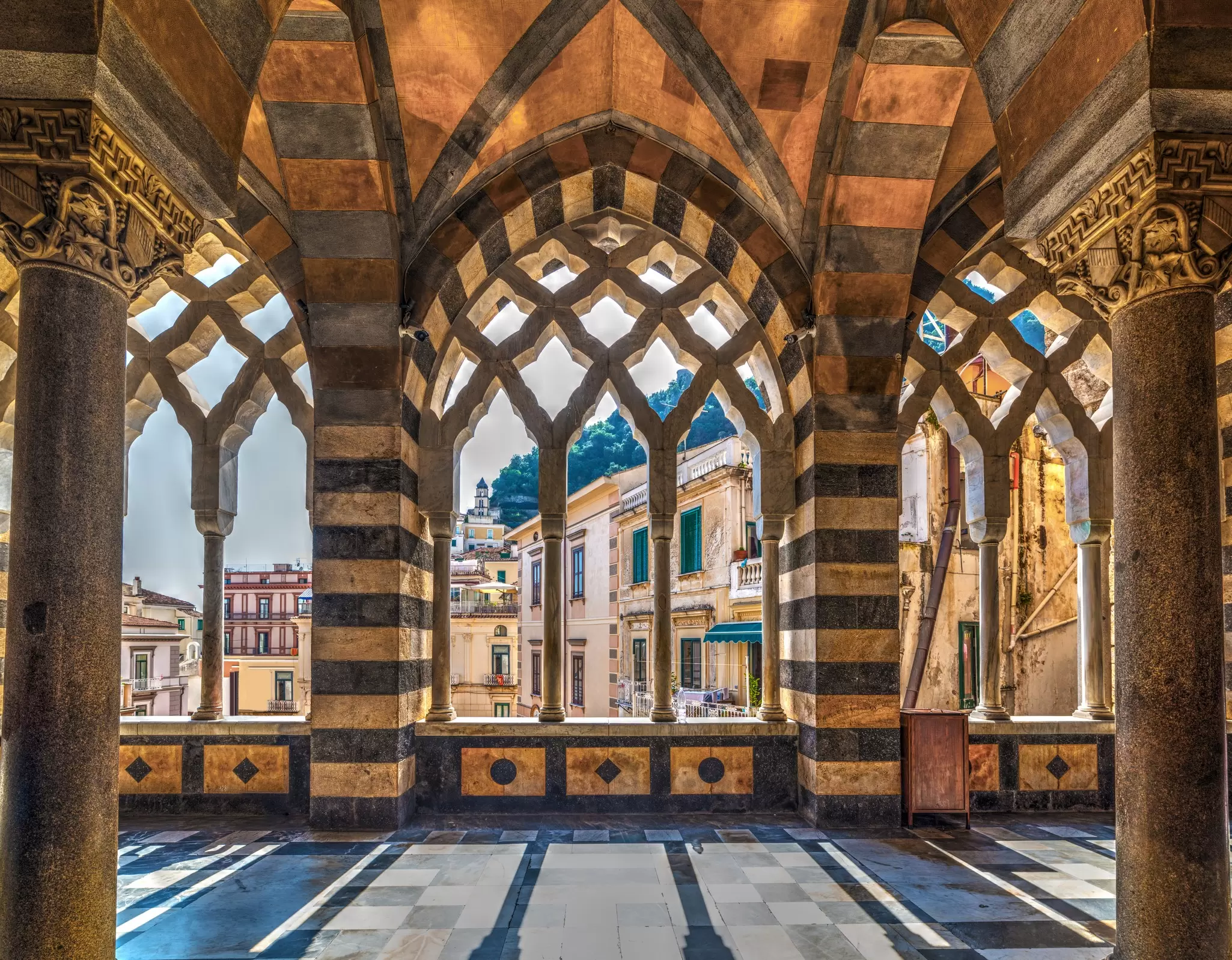 Interior view of Amalfi cathedral's marble archways