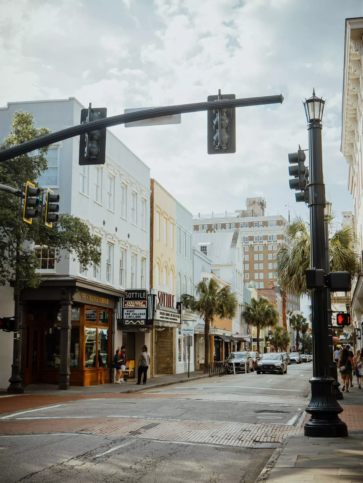 A Main Street lined with pastel-colored buildings