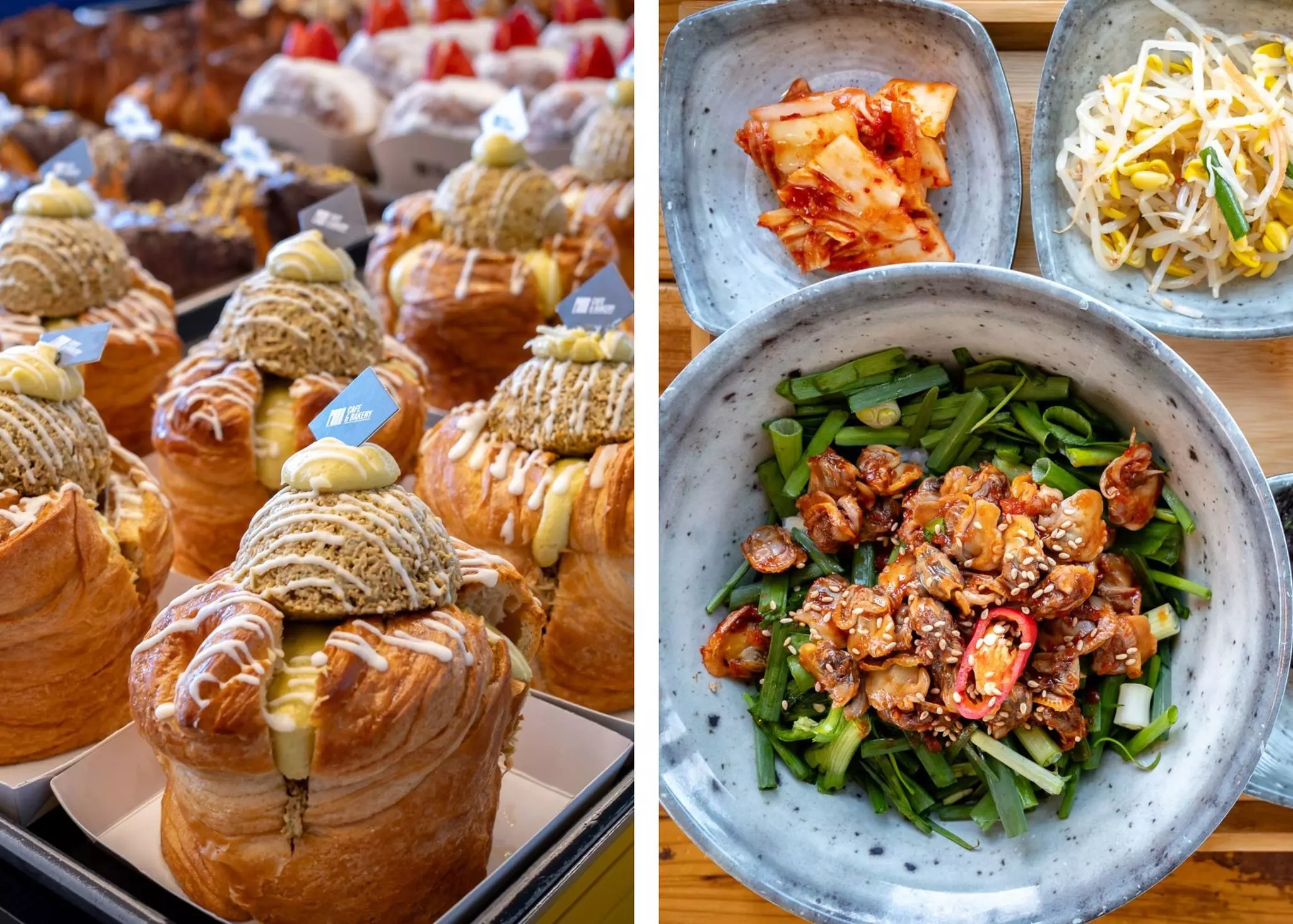 Left: a row of large buns filled with cream in a bakery in South Korea. Right: cockles served on a bed of green vegetables