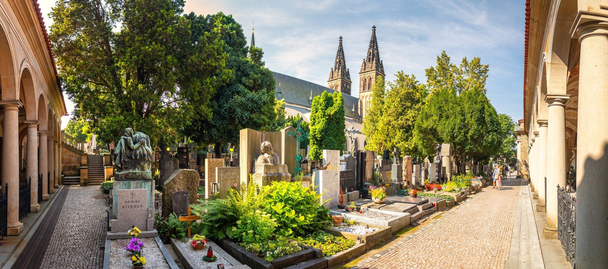 Vysehrad Cemetery, Prague, Czech republic. Panorama of the cemetery with graves of famous personalities.