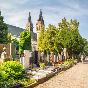 Vysehrad Cemetery, Prague, Czech republic. Panorama of the cemetery with graves of famous personalities.