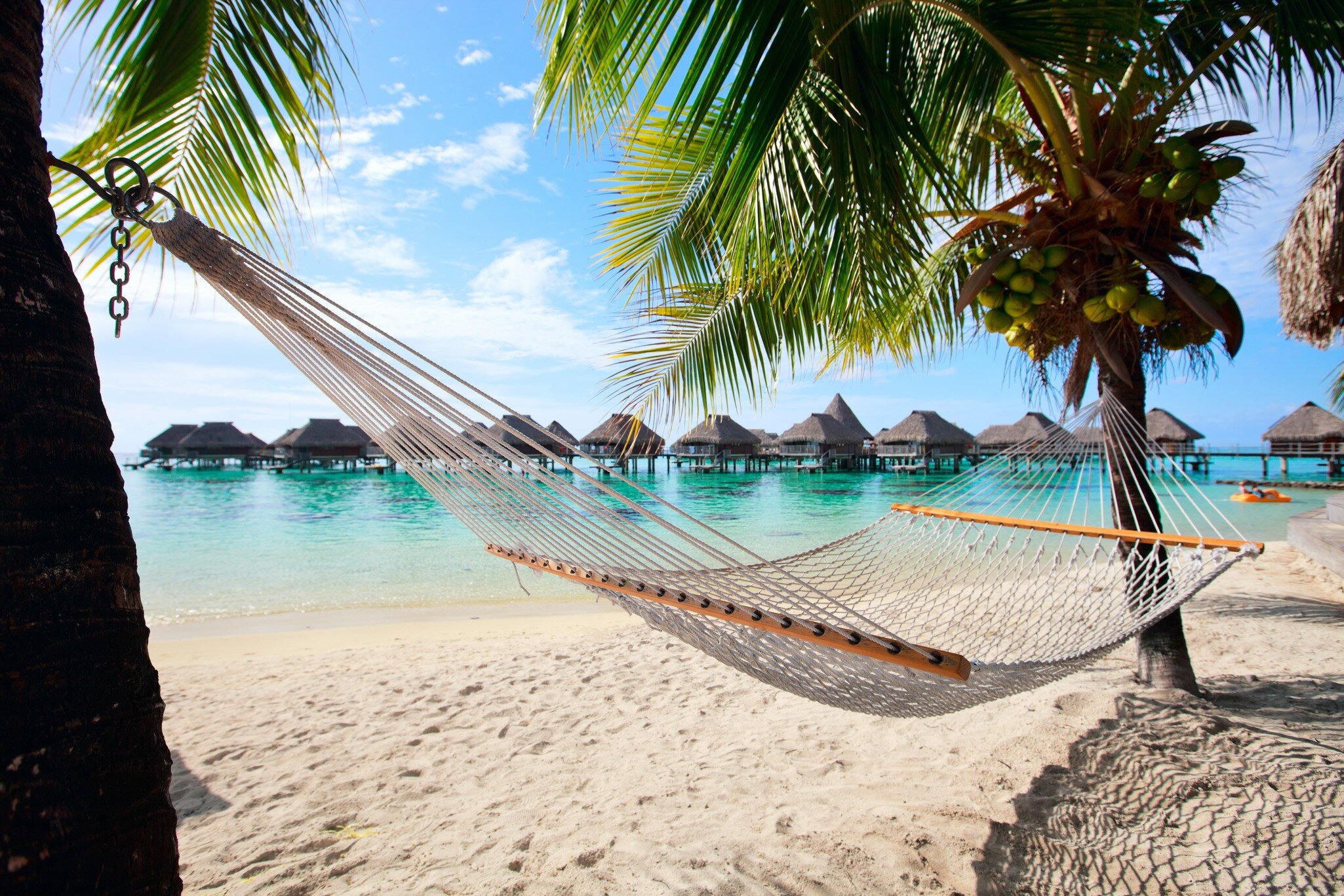 Hammock strung to palm trees on a white sandy beach with grass-covered huts and bright blue ocean in the distance.