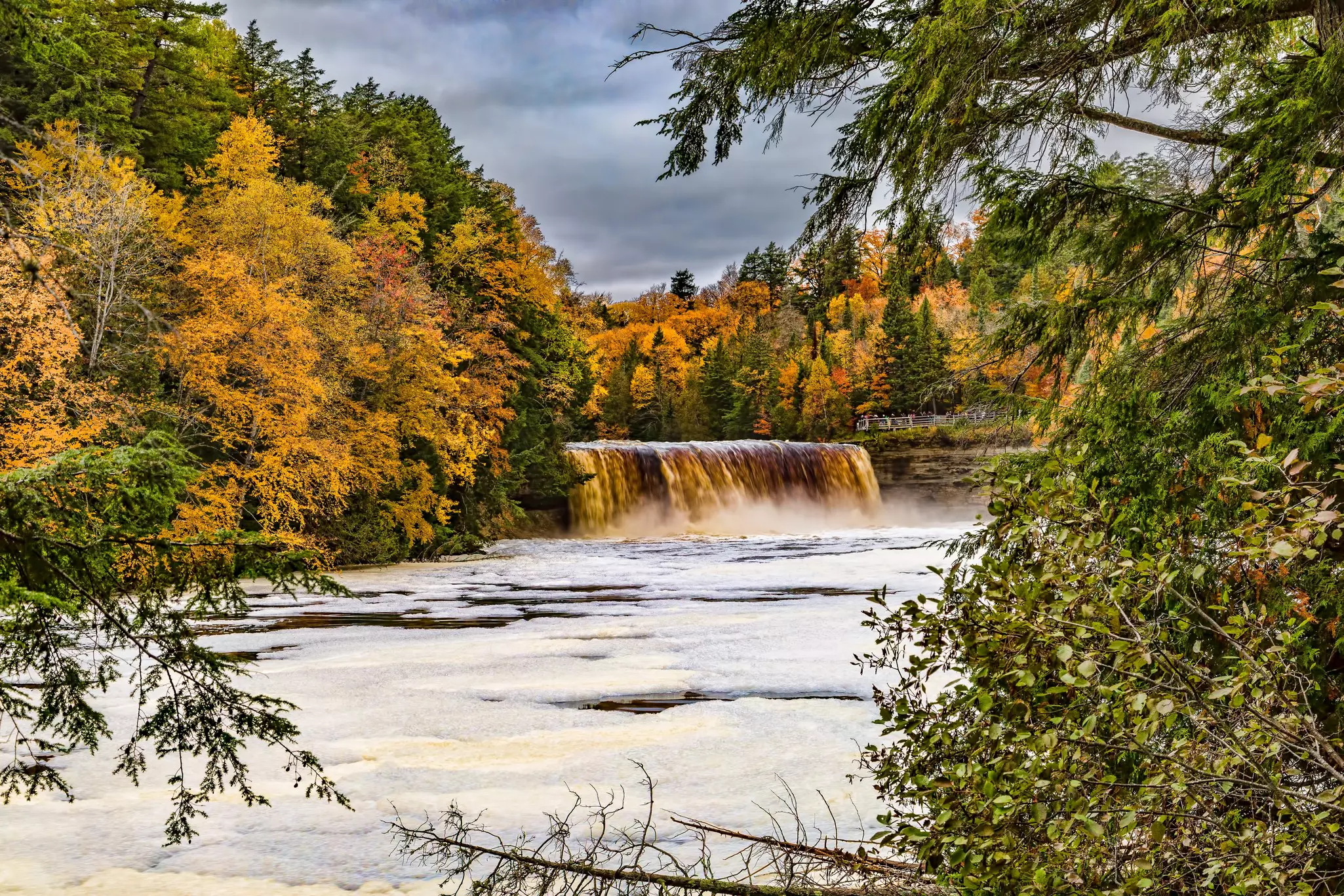 A waterfall cascading down into a pool in a river surrounded by woodland