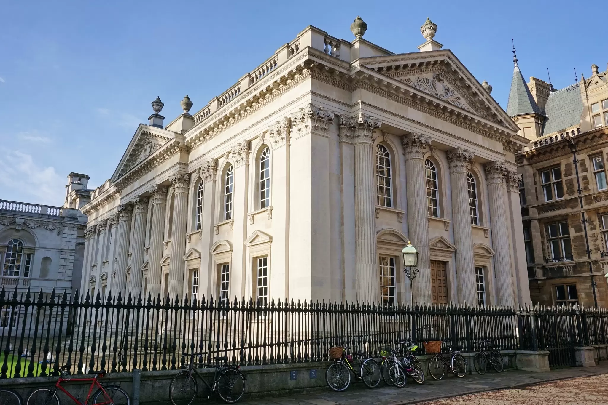 Exterior view of the Senate House at the University of Cambridge on a sunny winter day in Cambridge, UK.