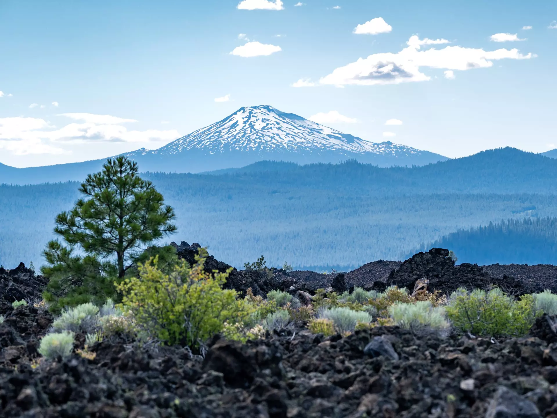 View of Mt Bachelor from Newberry National Volcanic Monument near Bend, Oregon