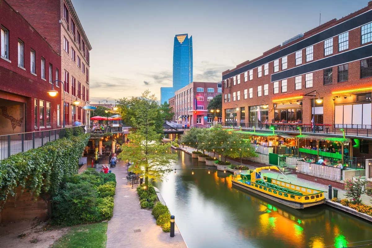 Oklahoma City, Oklahoma, USA cityscape in Bricktown at dusk.