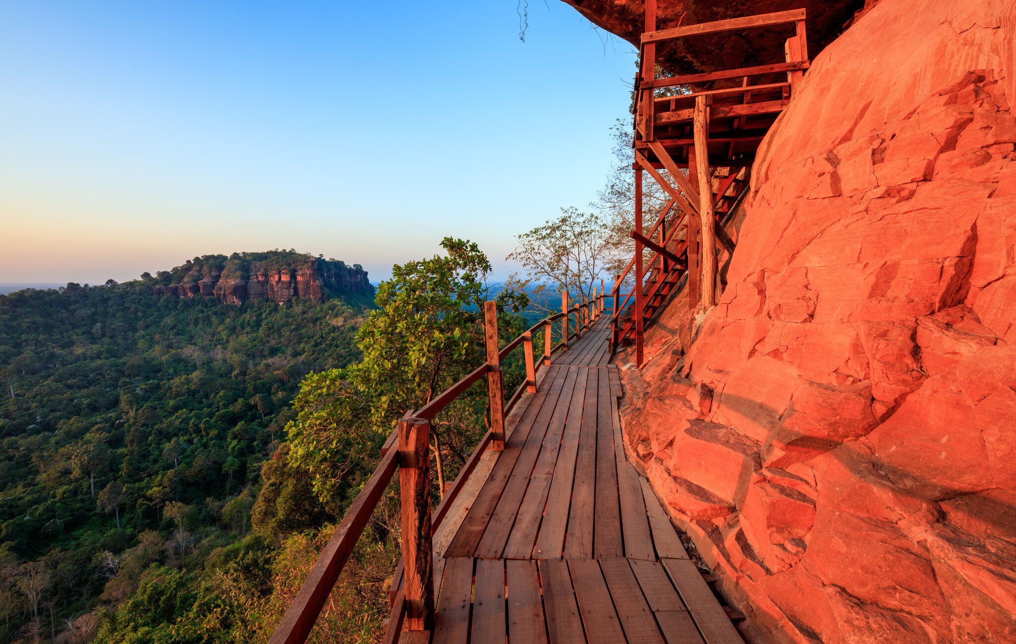 Cliff side wooden bridge at Wat Phu tok temple , Bueng Kan, Thailand
