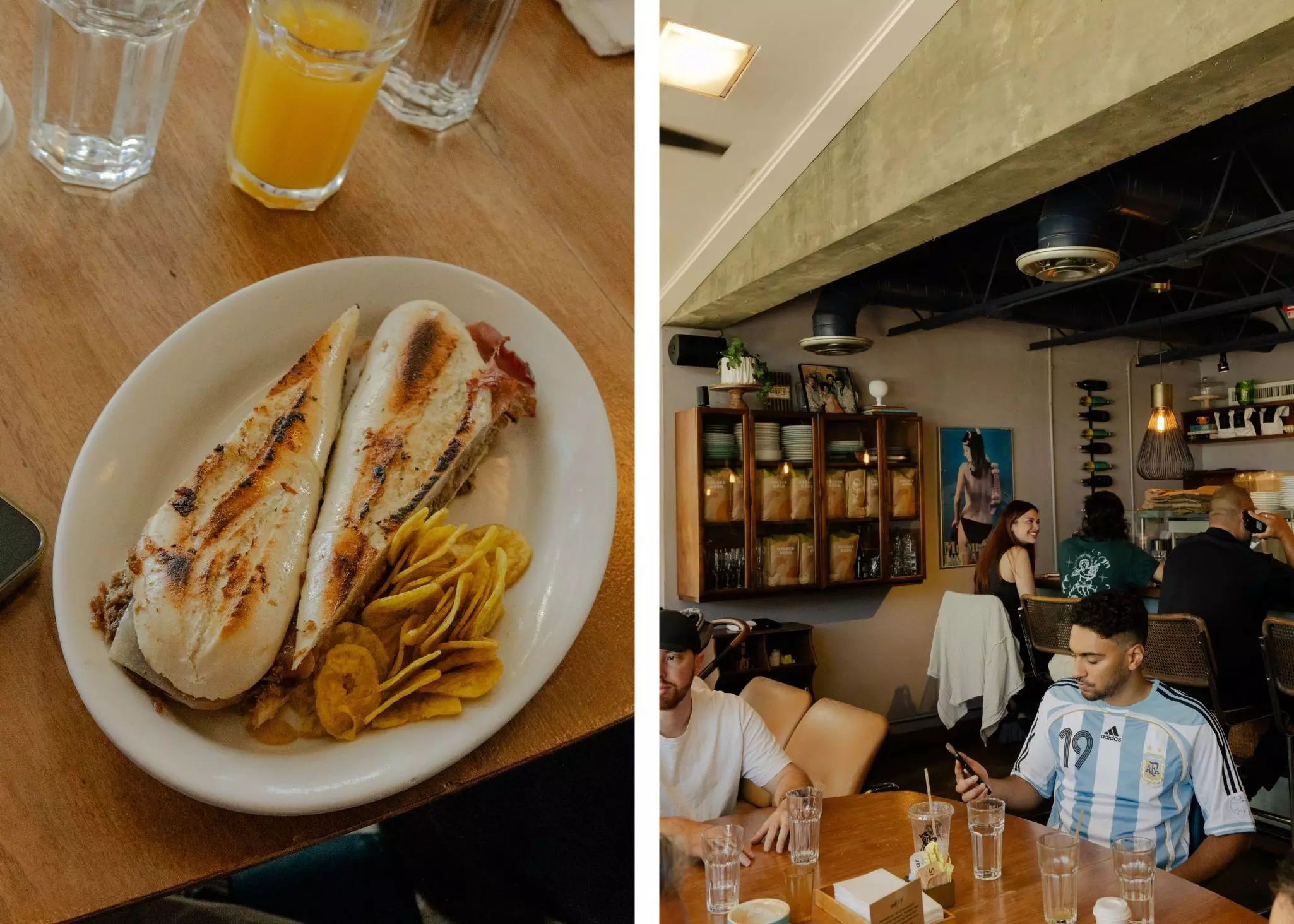 Left, a cuban sandwich; right. the inside of a Cuban restaurant.