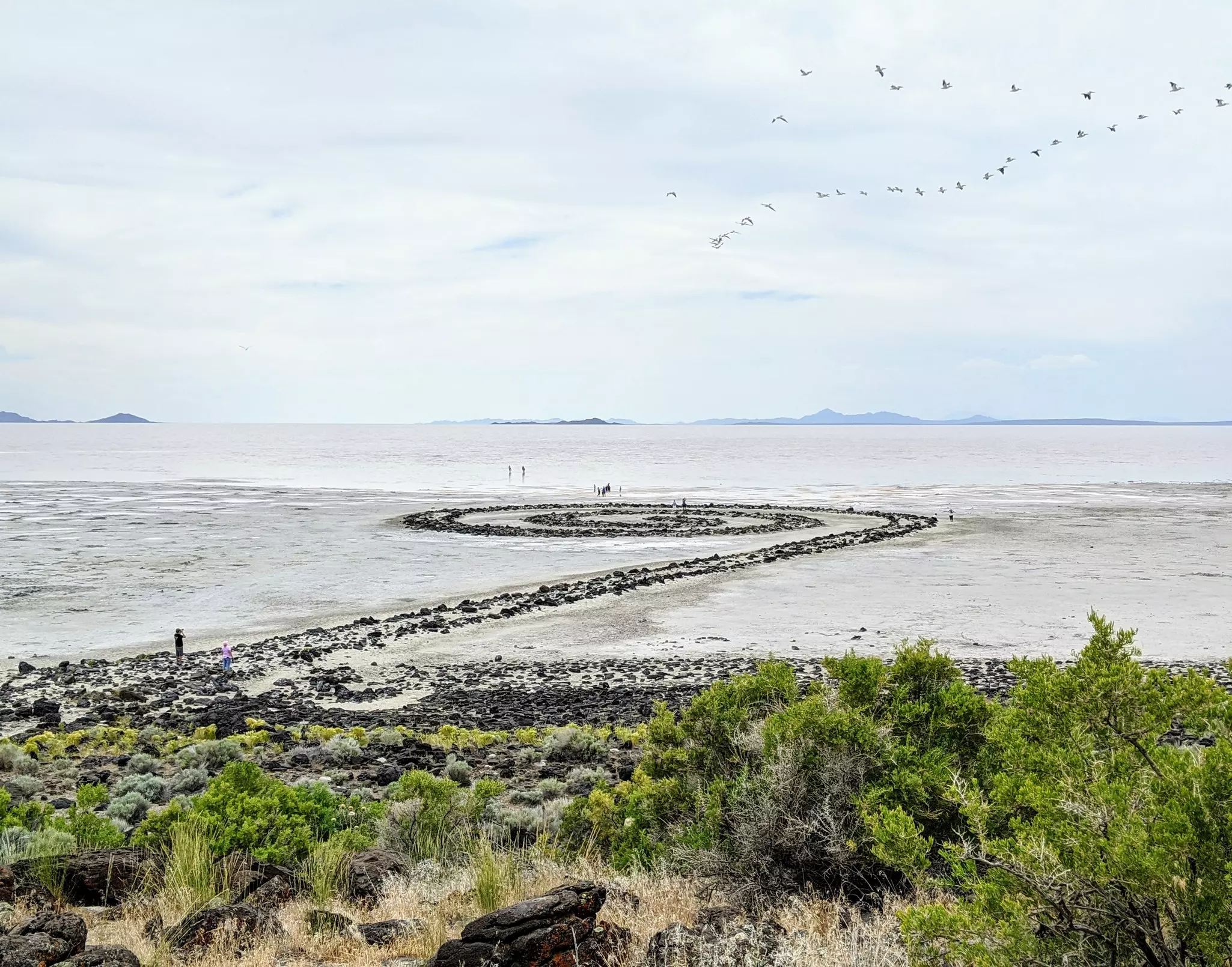 Spiral Jetty in the summer with views of the Great Salt Lake.