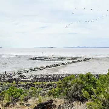 Spiral Jetty in the summer with views of the Great Salt Lake.