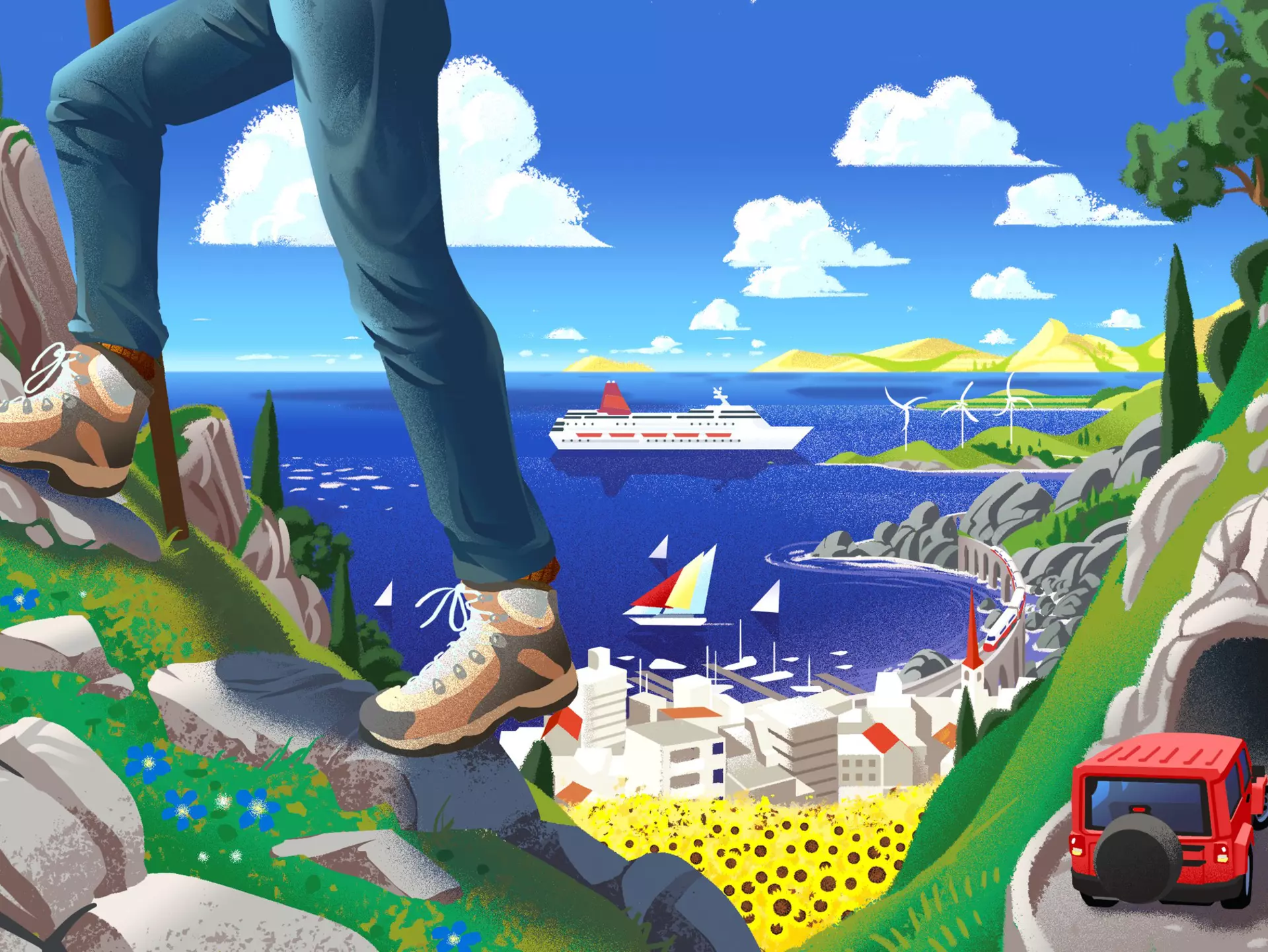 Sustainable travel: hiking, sailing, driving, train-hopping