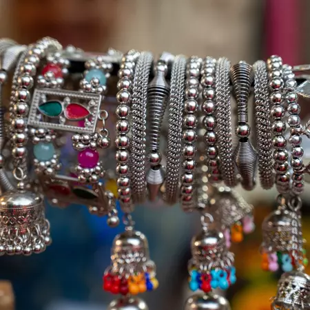Close-up of steel bangles. 