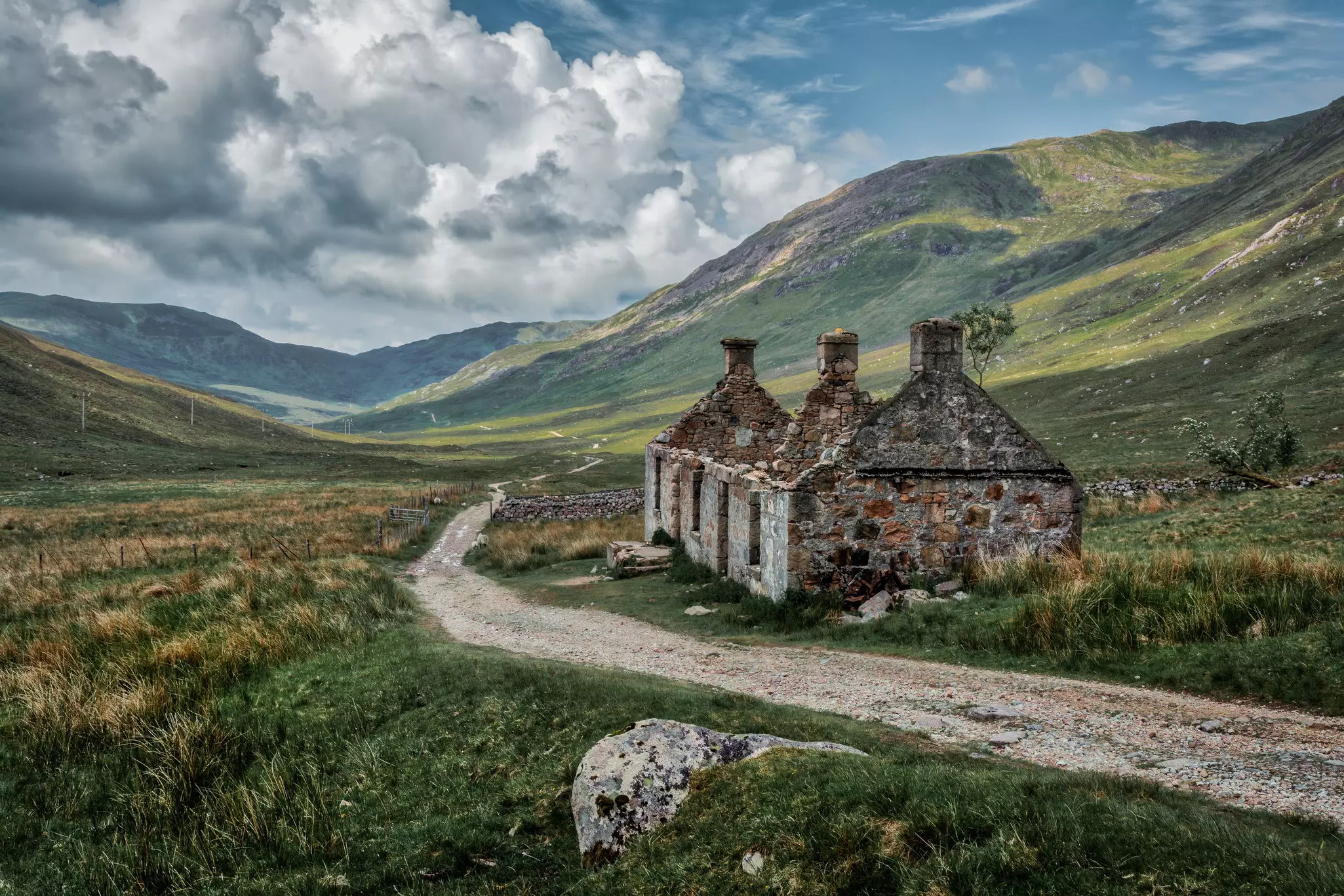 Ruins of the Tigh-na-sleubhaich stone cottage on the West Highland Way near Kinlochleven, Scotland.