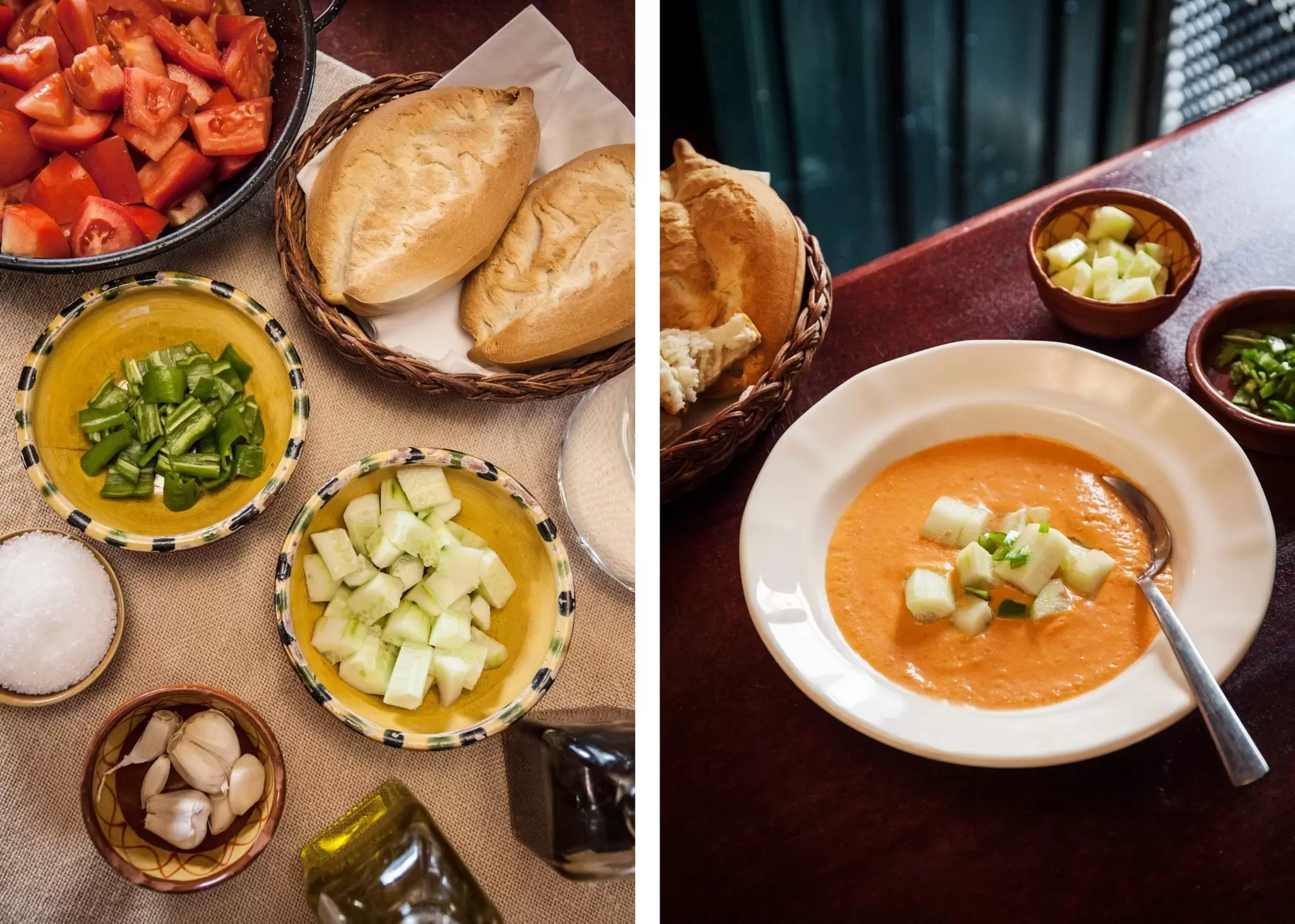 Left: bowls of fresh vegetables on a table; right: a bowl of tomato soup at Antigua Abaceria de San Lorenzo in Seville