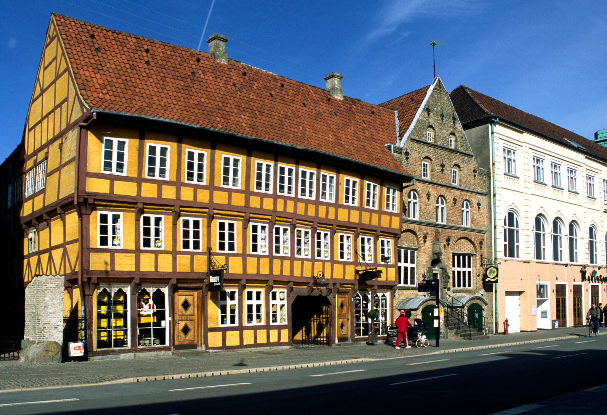 Facade of Jørgen Olufsens House in Aalborg, Denmark.  Old timber framed house in centre of Aalborg. 