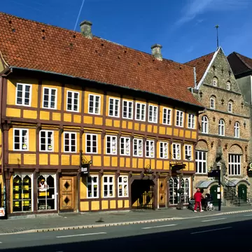 Facade of Jørgen Olufsens House in Aalborg, Denmark.  Old timber framed house in centre of Aalborg. 
