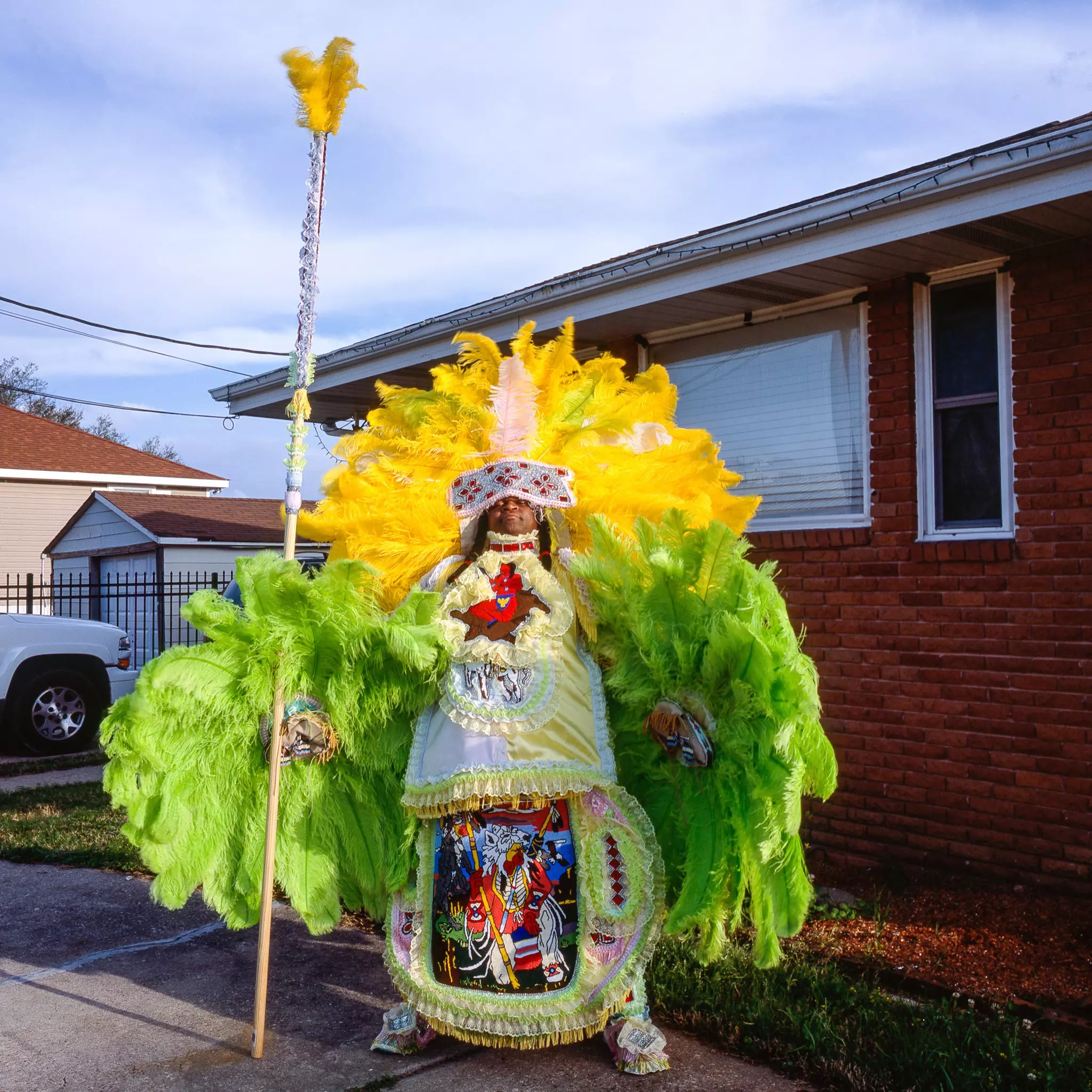 A person wears an elaborate costume with massive green and yellow feathers.