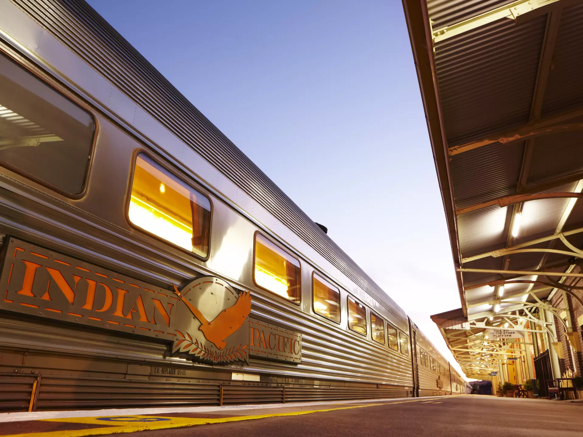 Low angle view of the Indian Pacific train at Bathurst Railway Station in New South Wales.