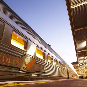 Low angle view of the Indian Pacific train at Bathurst Railway Station in New South Wales.