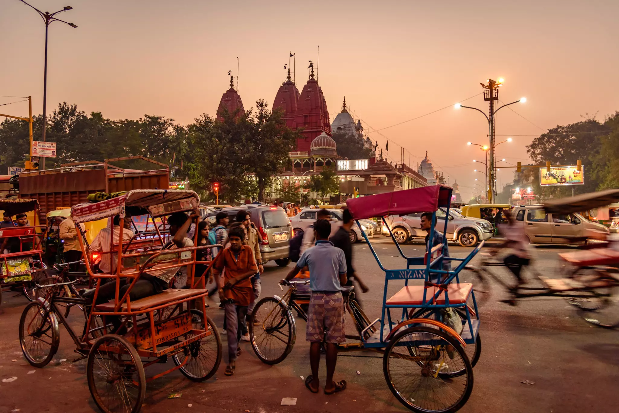 Busy street traffic in Chandni Chowk market.