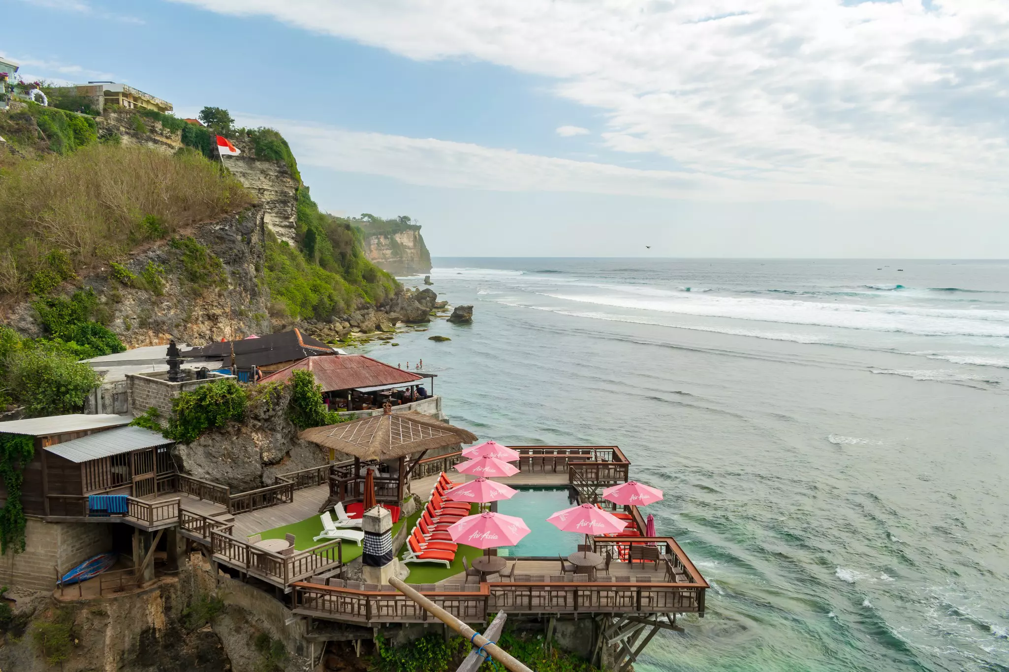 Aerial view of Sunday's Beach Club (Single Fin), Blue Point, Suluban Beach, Bali, Indonesia