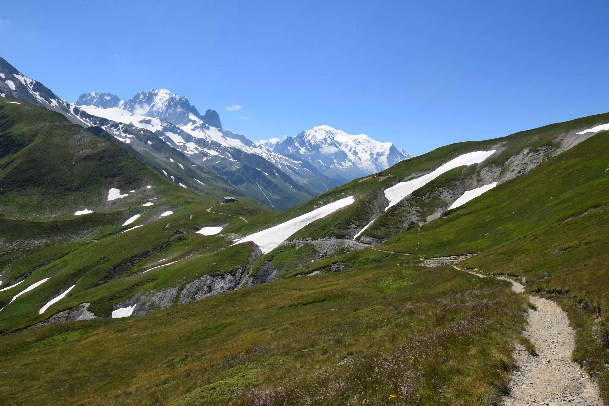 A path leads through a grassy patch of a mountainside with patches of snow. Snowy peaks can be seen in the distance.