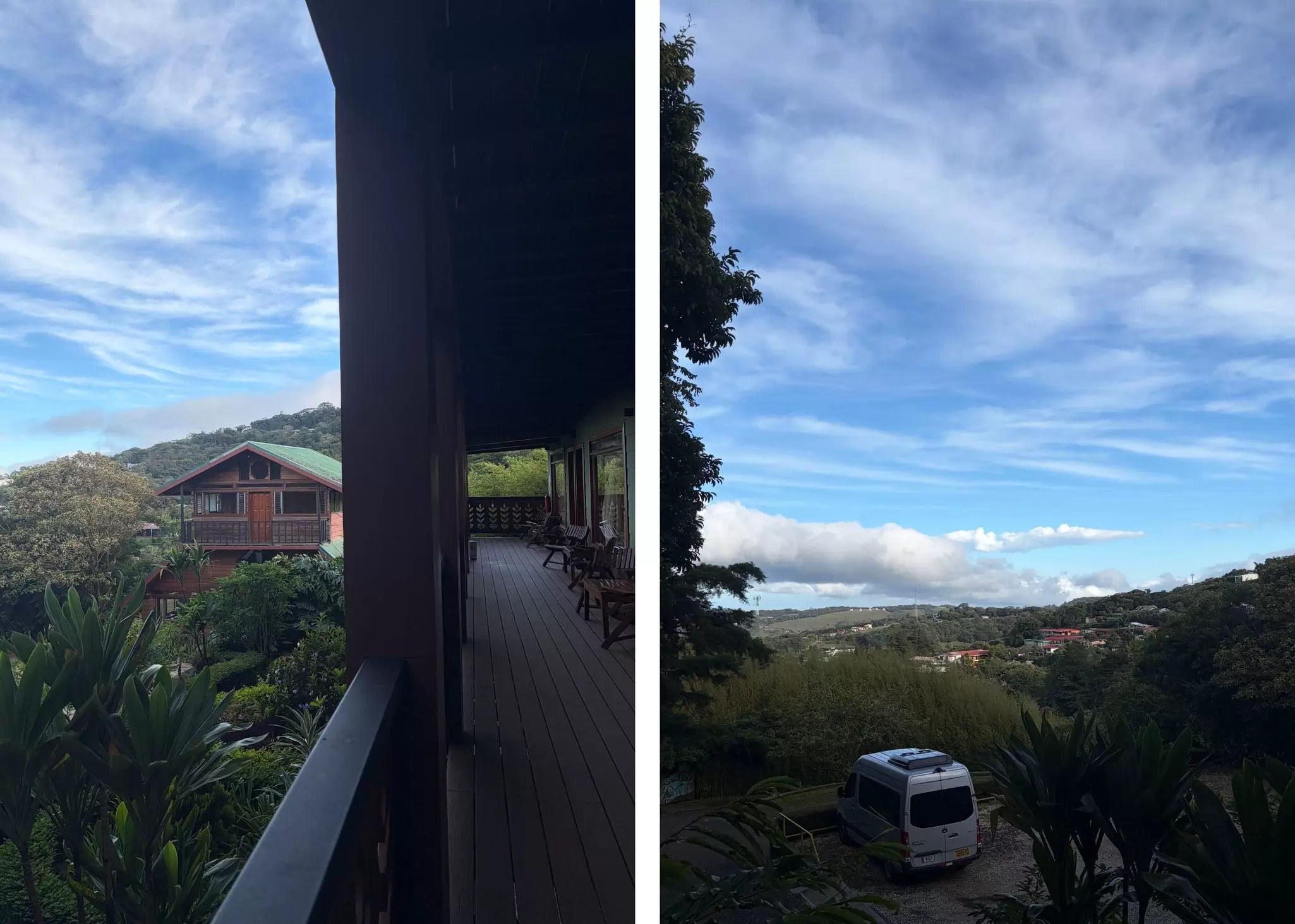 A photo of the exterior of a wooden building - Hotel Heliconia - in the cloud forest in Costa Rica, and a view out over the landscape from the hotel