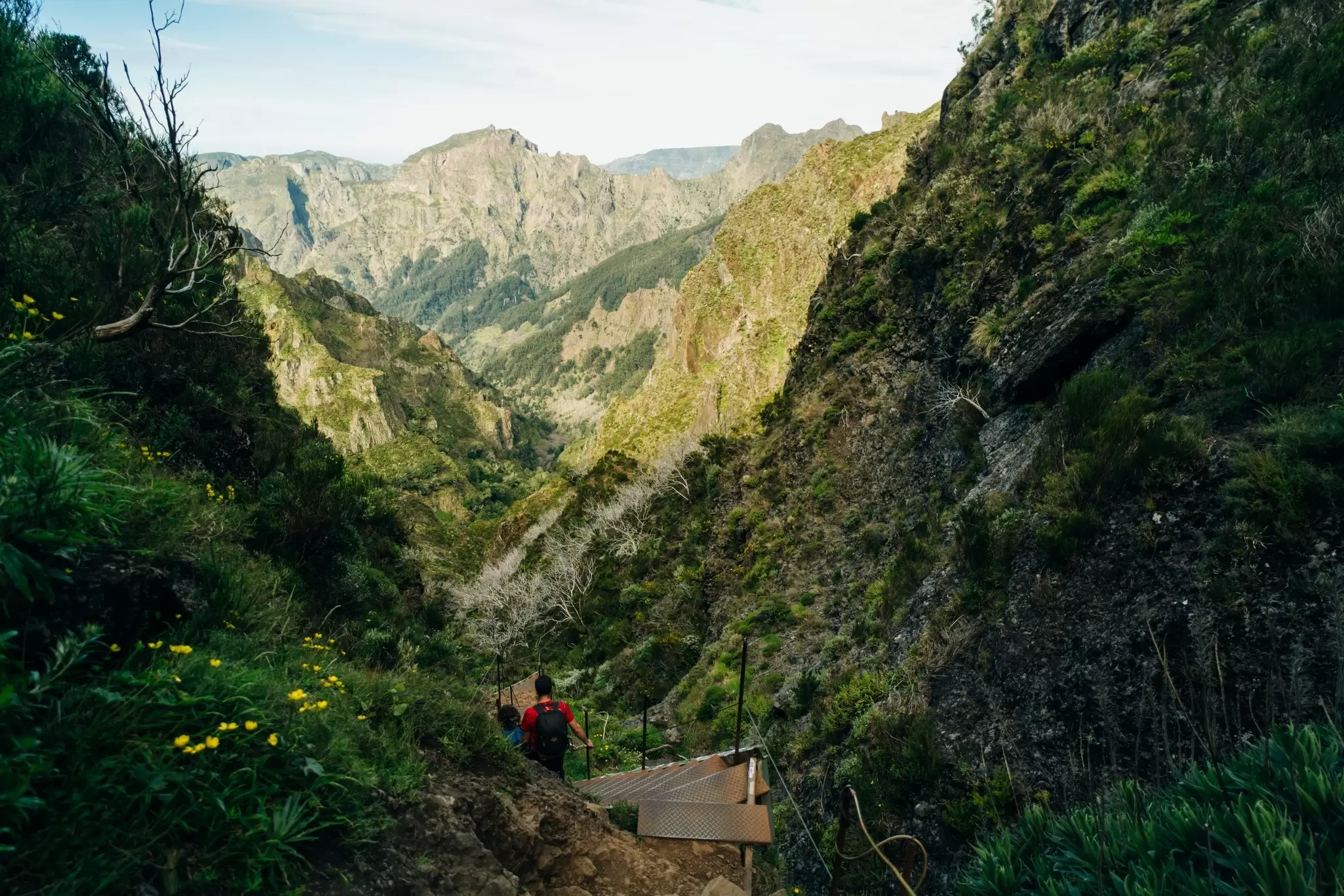 Hikers walk down makeshift steps on a trail through a mountainous landscape.