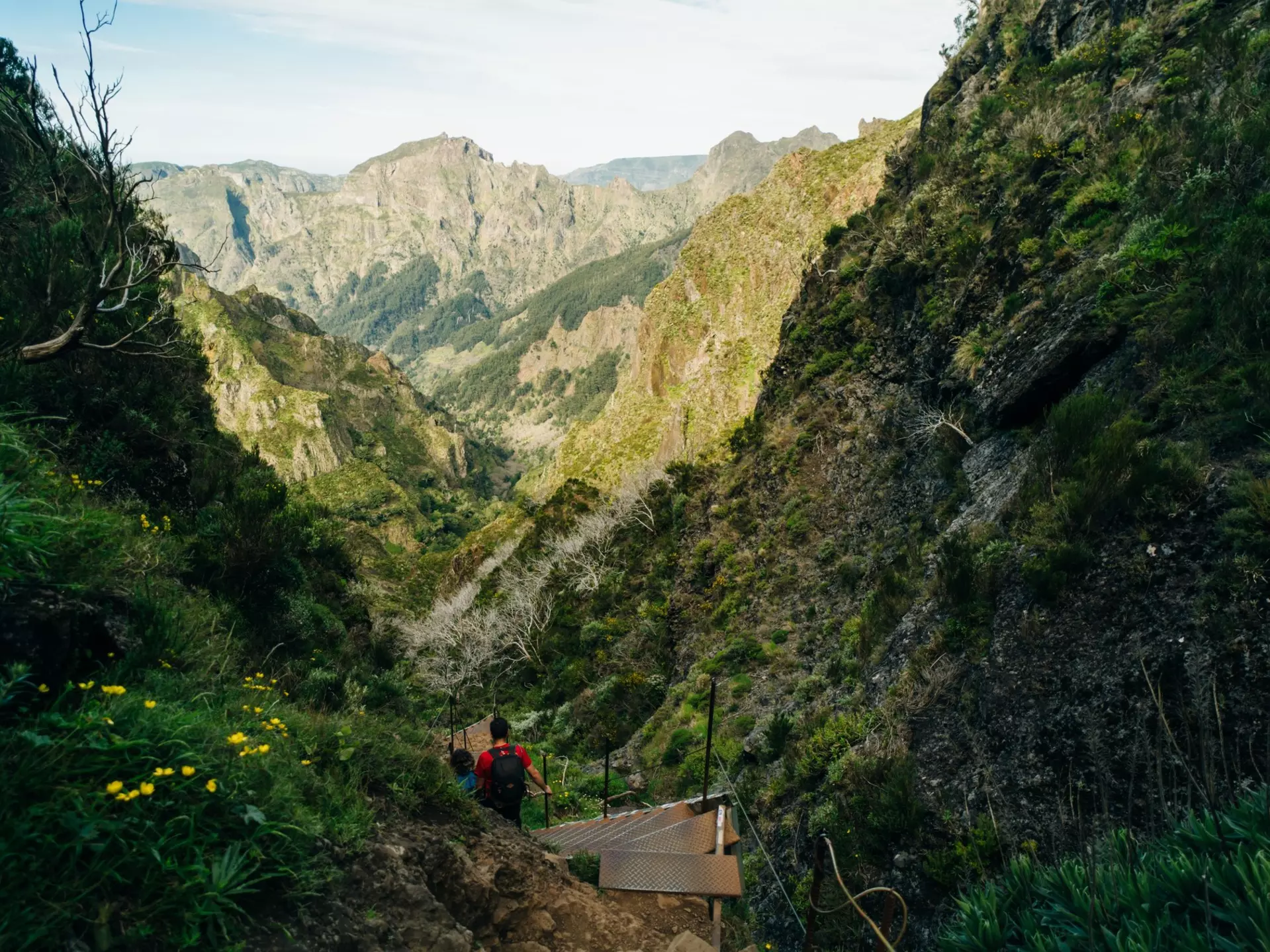 Hikers walk down makeshift steps on a trail through a mountainous landscape.