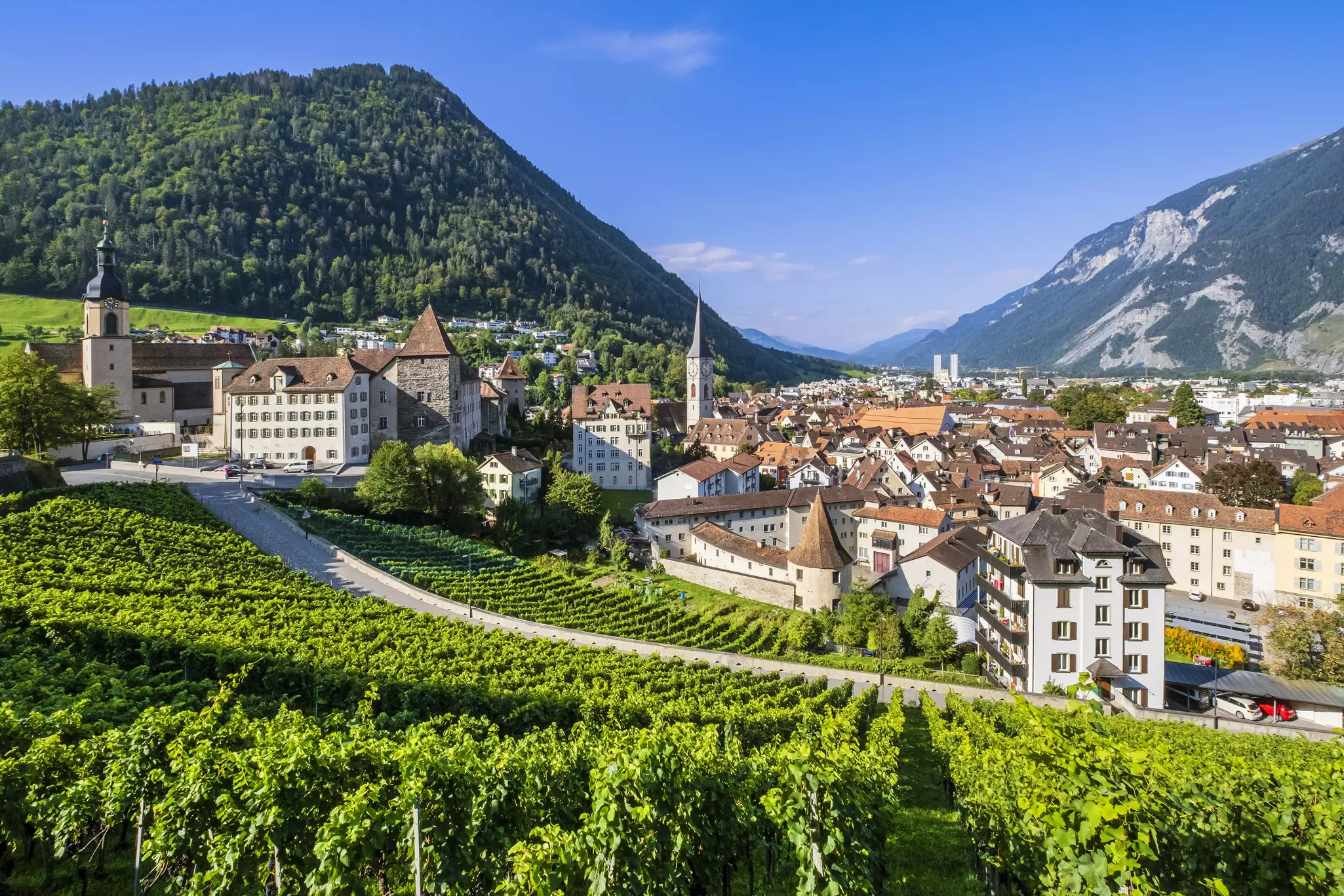 Panorama of the beautiful old town of Chur, the capital town of the Swiss canton of Graubunden.
