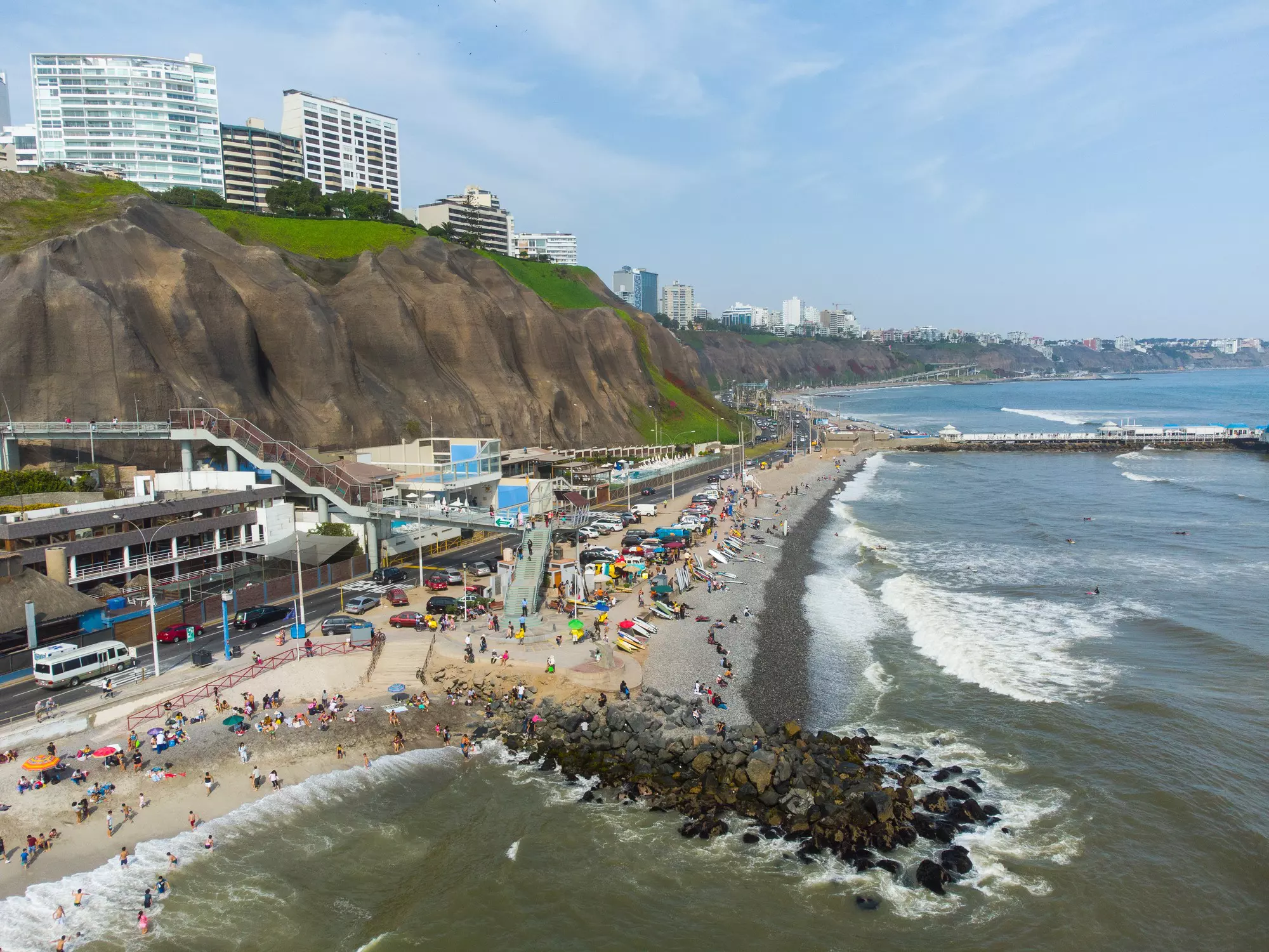 The Makaha beach is a popular surfing spot in the Miraflores district along the Costa Verde in Lima by the Pacific ocean in Peru capital city.