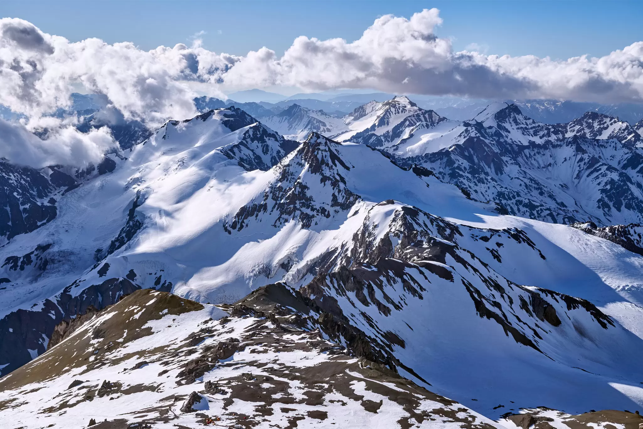 View of snowy mountain peaks in Aconcagua Provincial Park in Argentina.