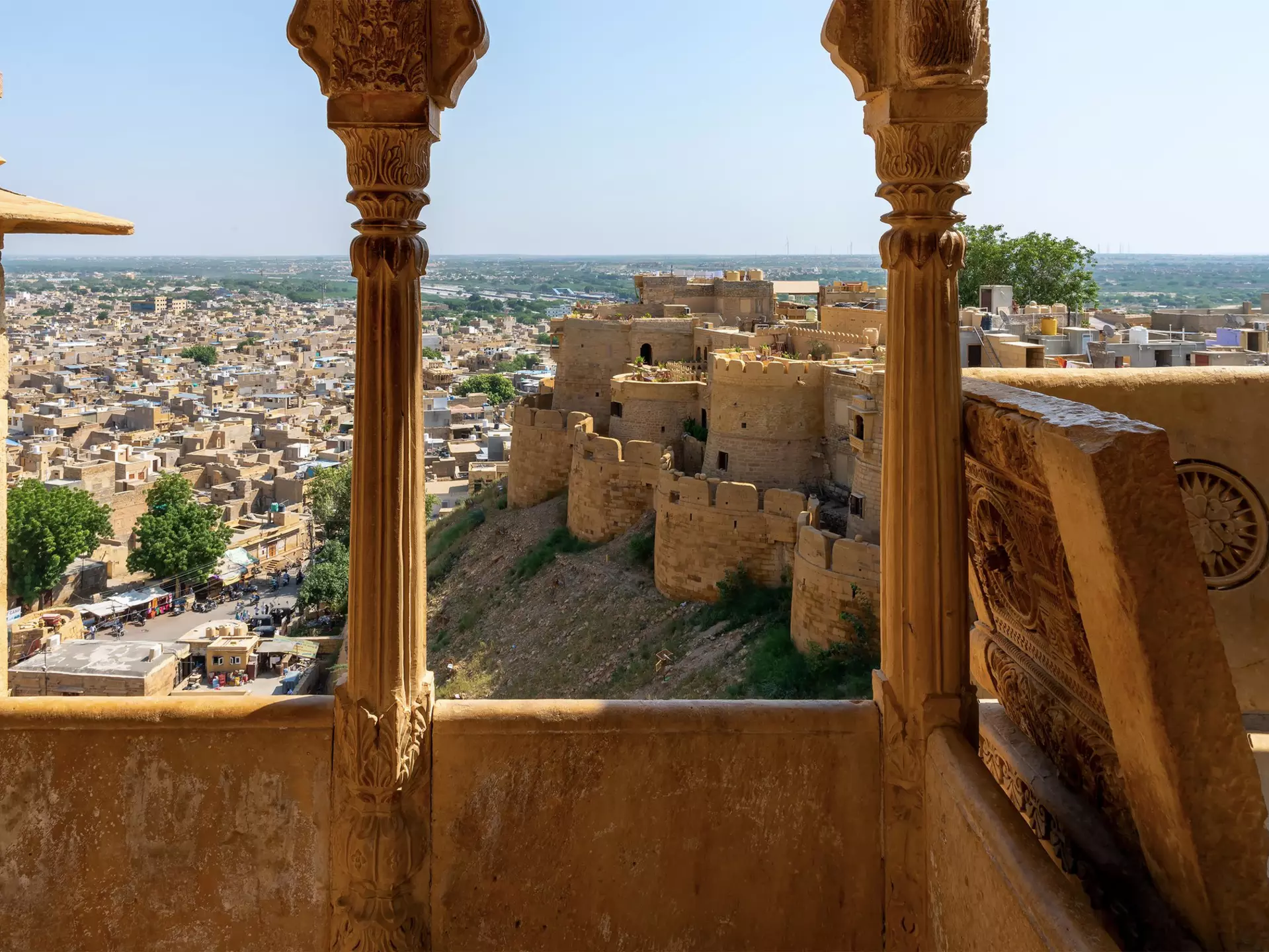 A sandstone balcony at Jaisalmer Fort. RNMitra/Getty Images