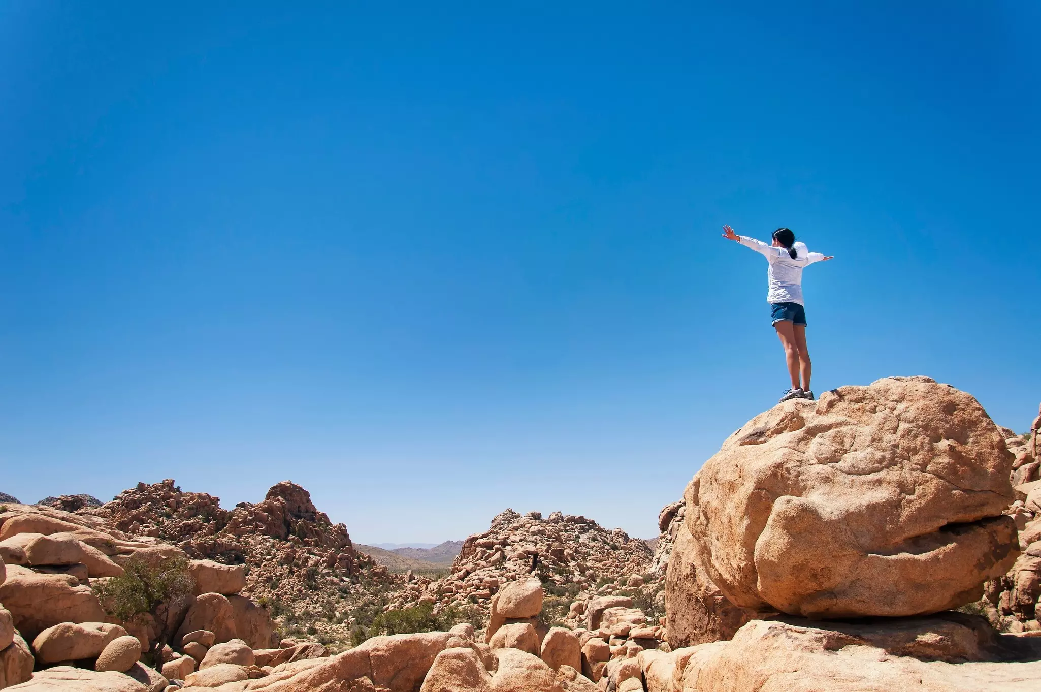 A woman standing on a large boulder overlooking a valley of rocks
