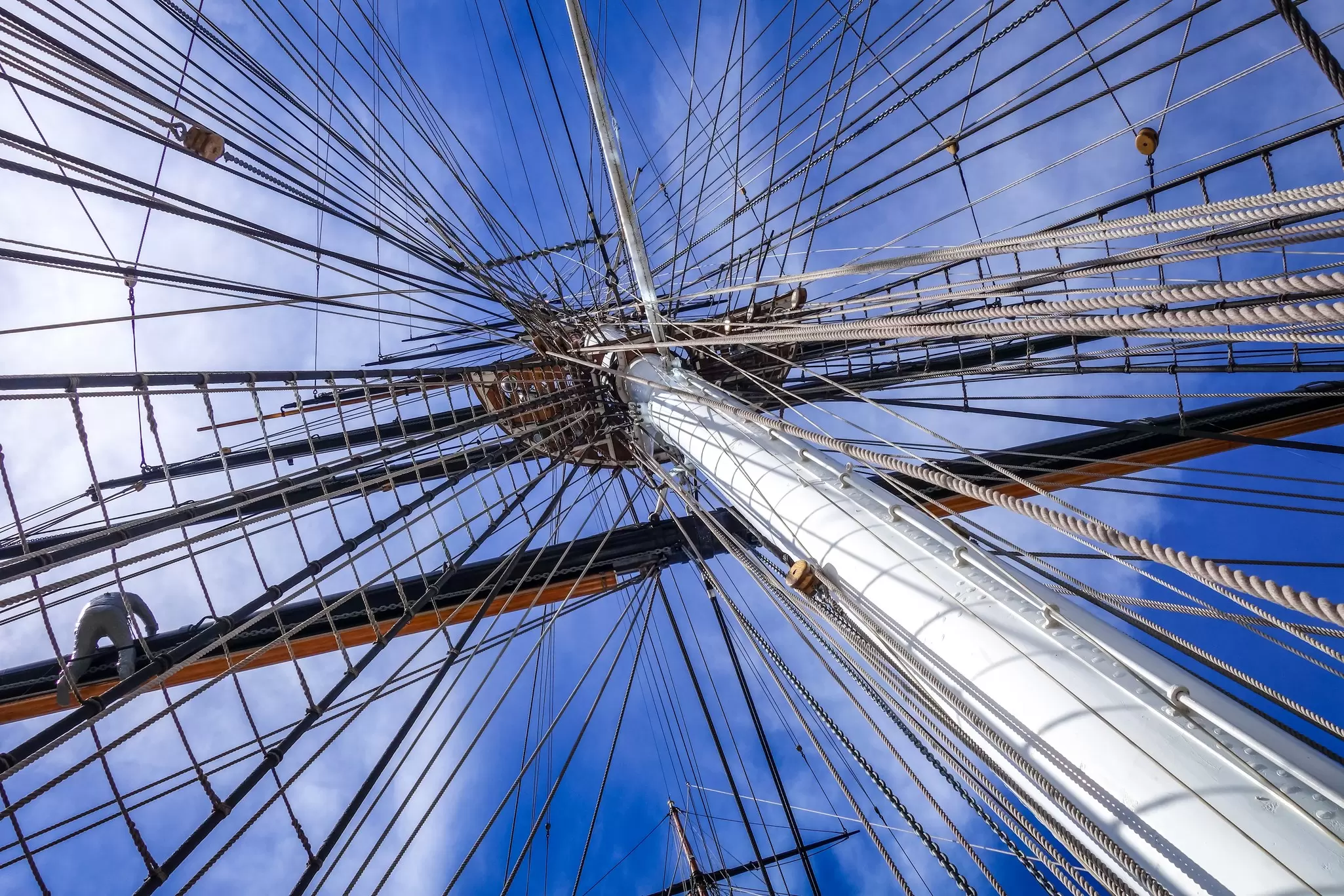 Details of the Cutty Sark's rope ladders and mast in London, UK.