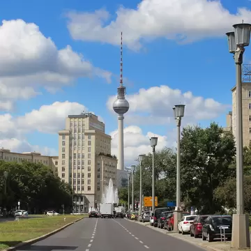Karl-Marx Allee leads toward the TV Tower in Berlin, Germany.