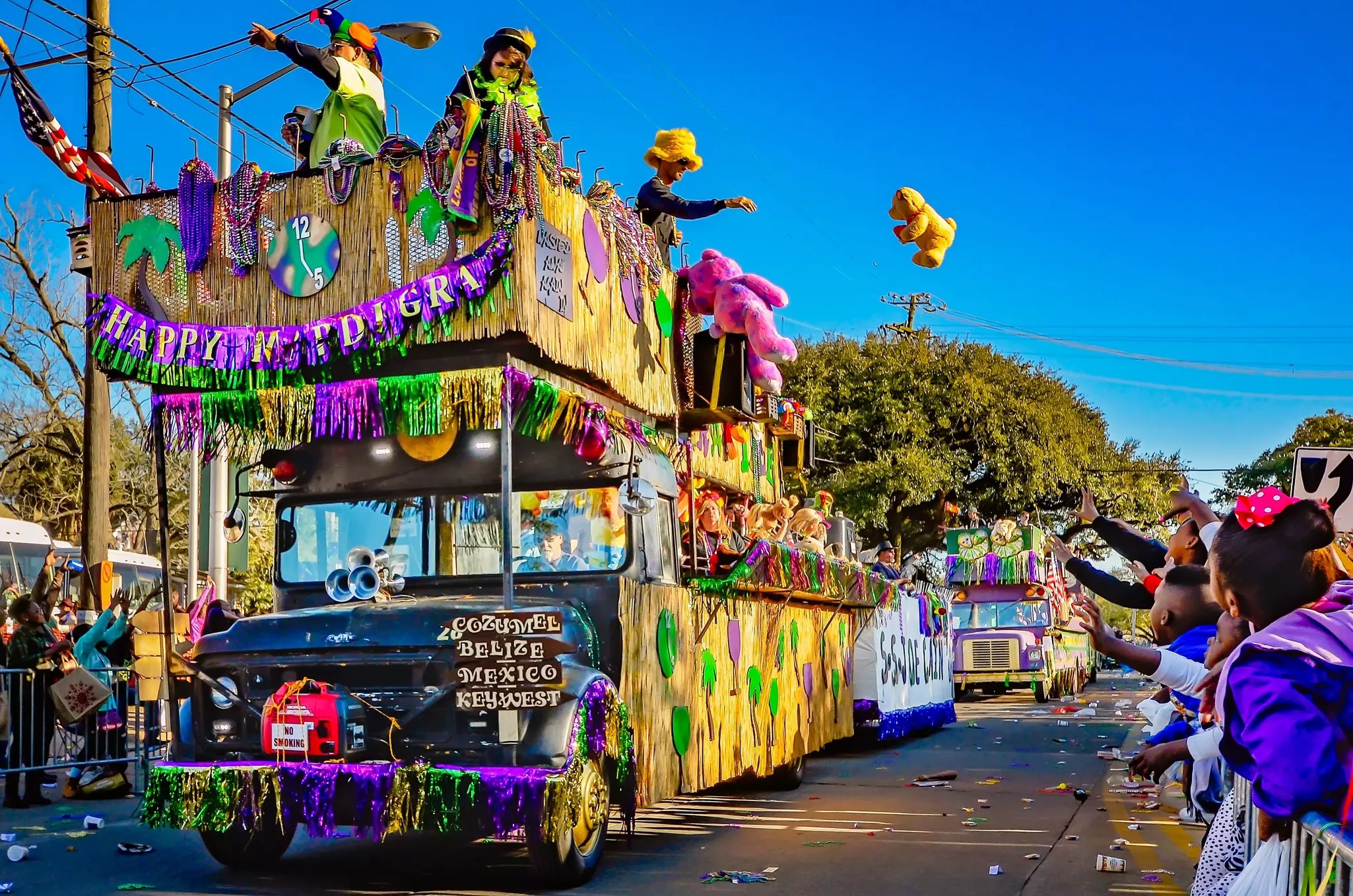 A Mardi Gras float makes its way down the street during the Joe Cain Day Mardi Gras parade in Mobile, Alabama.