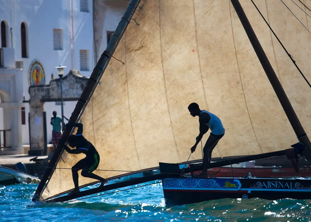 A dhow sailing past Lamu Town during a race, Kenya