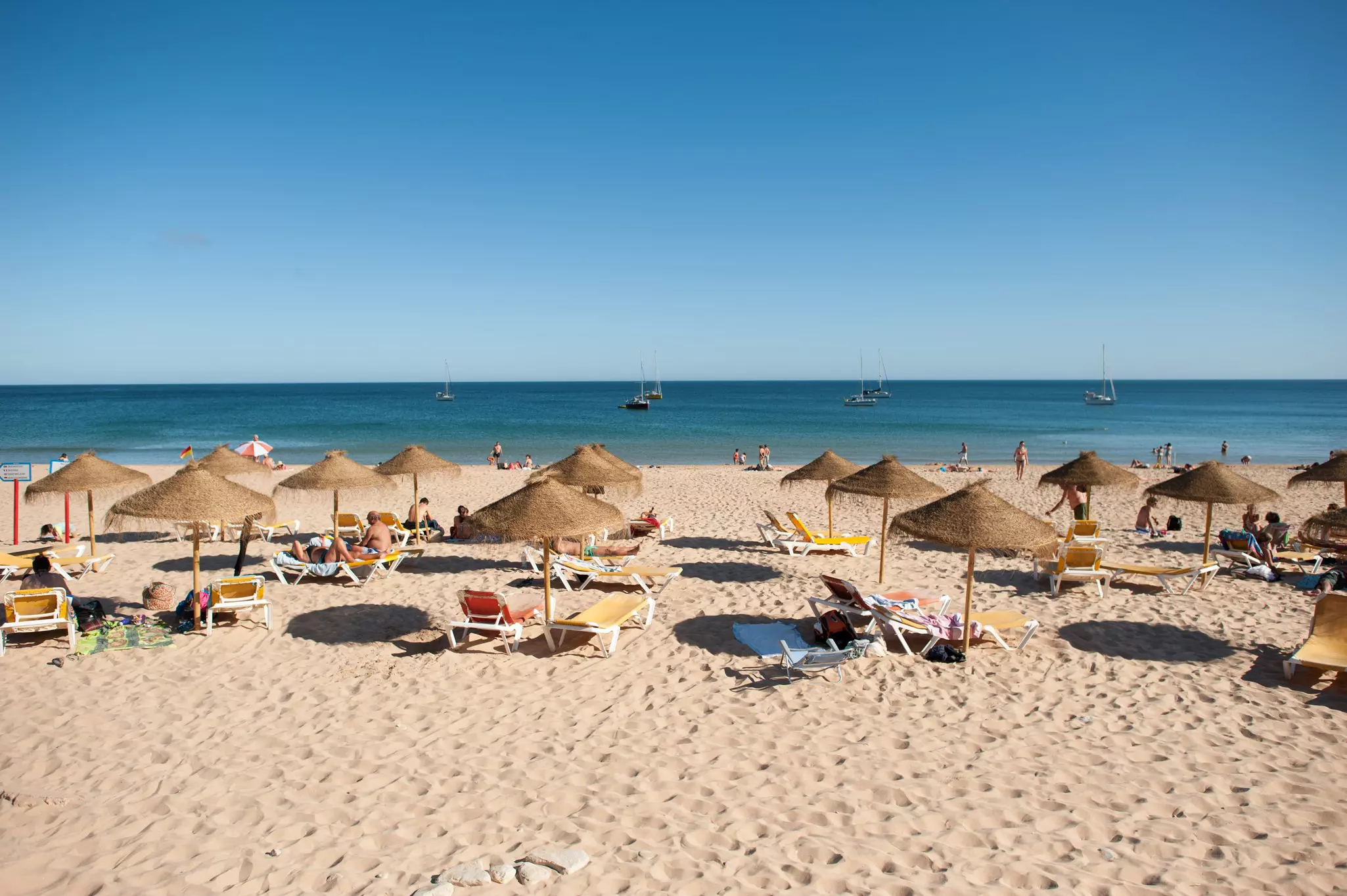 Sandy beach with palm umbrellas in summer