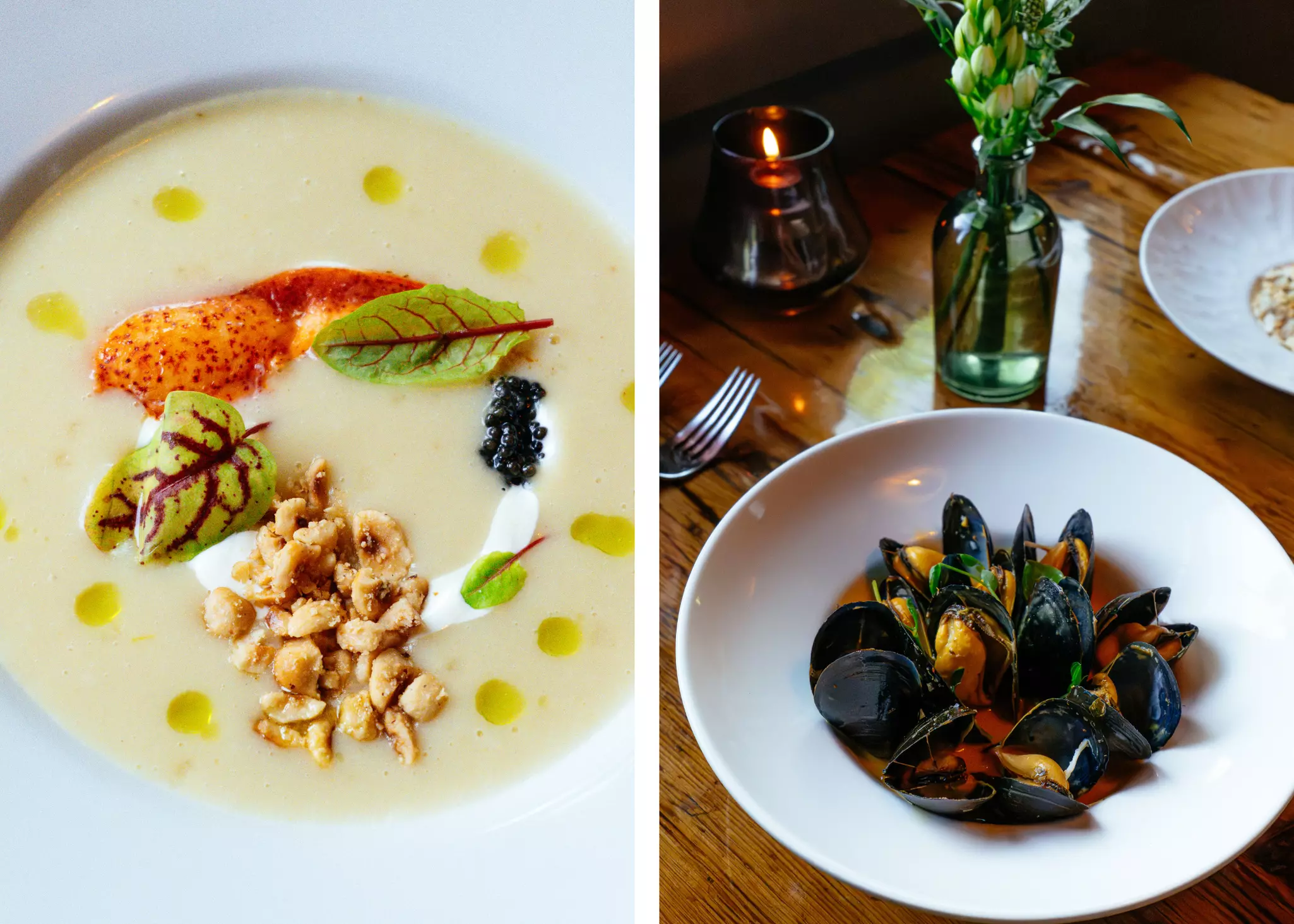 Left: Leek and potato soup with lobster and caviar. Right: Marinated mussels at Earth restaurant. Katelyn Perry/Lonely Planet