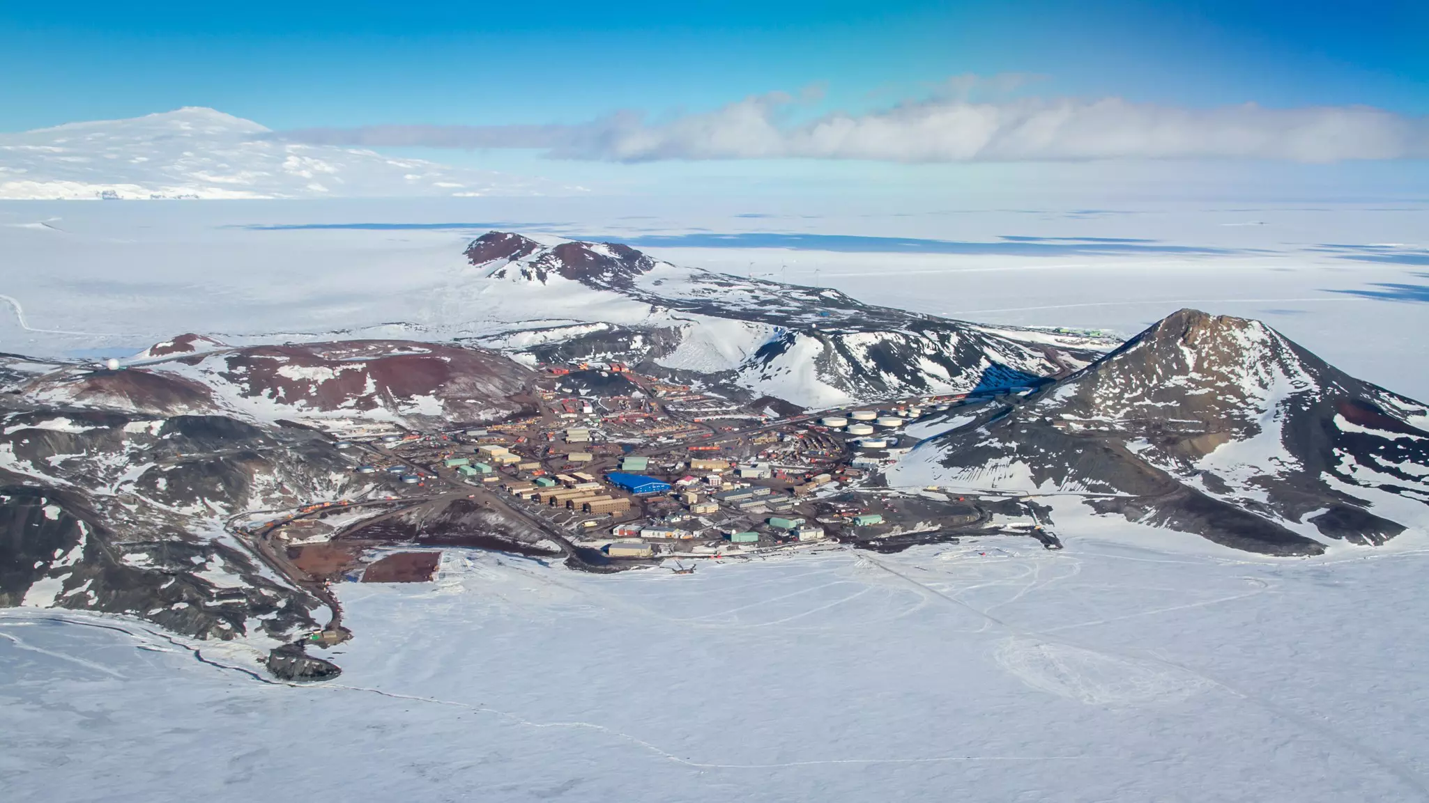 Aerial view of McMurdo Station, Ross Island, Antarctica