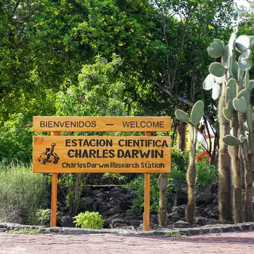 Charles Darwin Research Station welcome sign on Santa Cruz Island in Galapagos, Ecuador. 