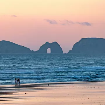 A group of people walk along the ocean coast at Cape Lookout State Park in Oregon at twilight.