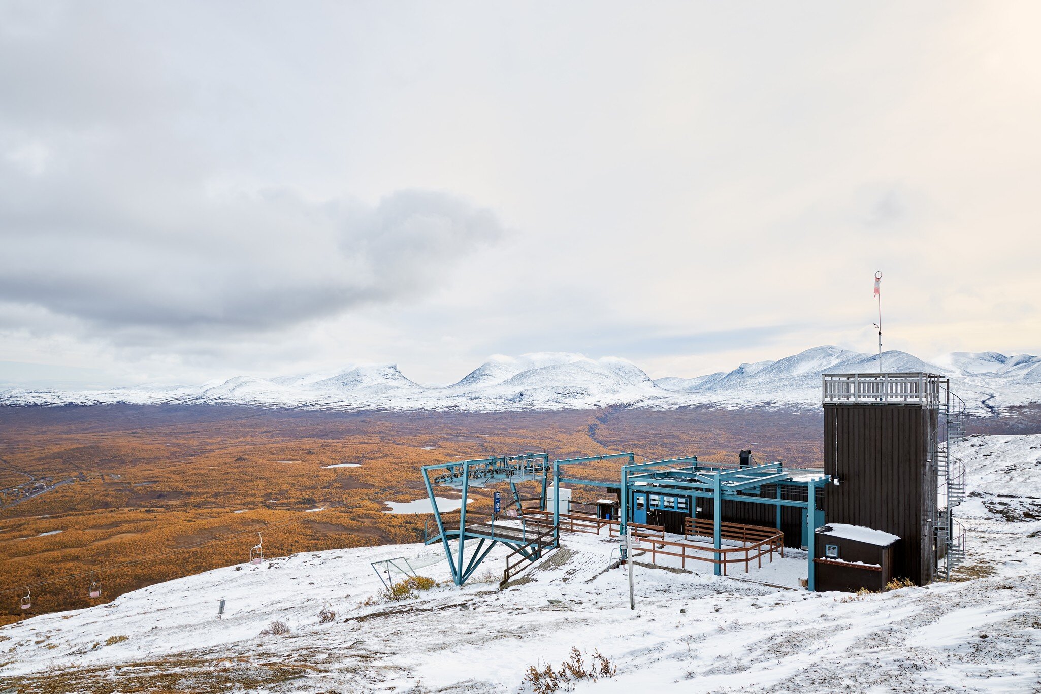 View of the Aurora Sky Station on top of Nuolja Mountain looking over Abisko National Park in Swedish Lappland.