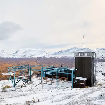 View of the Aurora Sky Station on top of Nuolja Mountain looking over Abisko National Park in Swedish Lappland.