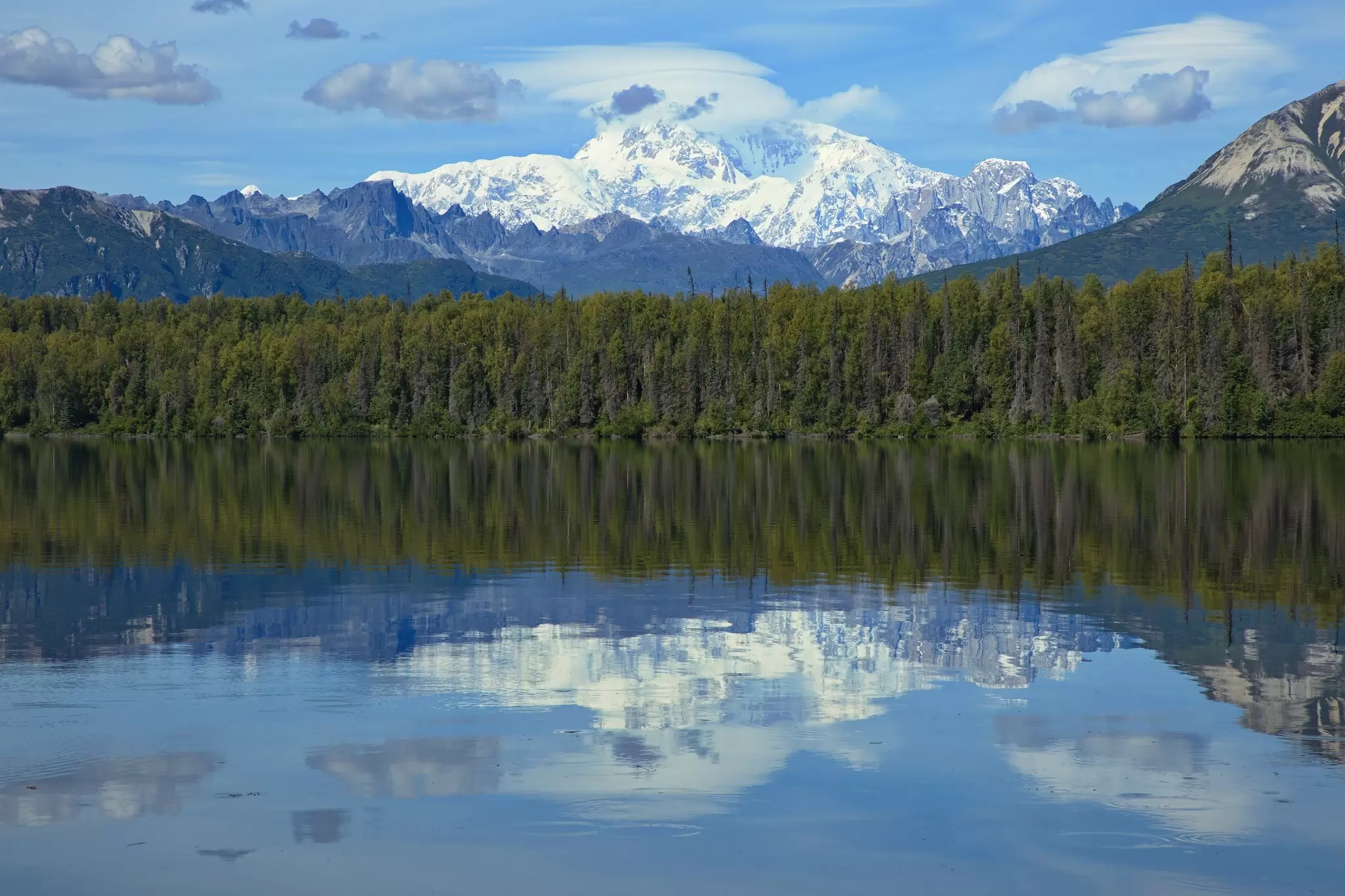 View of Byers Lake and Denali in Denali National Park and Preserve, Alaska, United States, North America. 