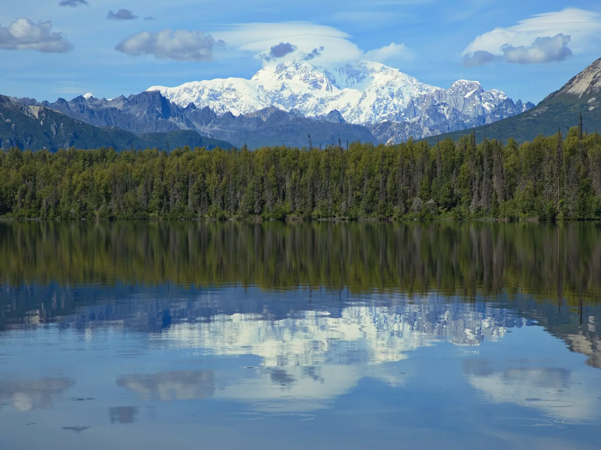 View of Byers Lake and Denali in Denali National Park and Preserve, Alaska, United States, North America. 