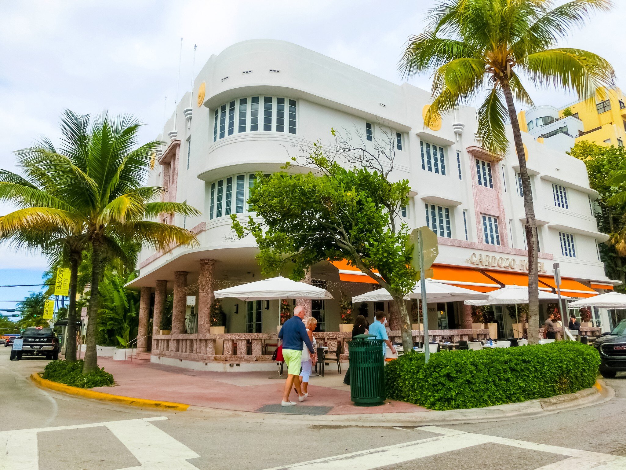 Miami, United States of America - November 30, 2019: Cardozo Hotel at Ocean drive in Miami Beach, Florida. Art Deco architecture in South Beach is one of the main tourist attractions in Miami.