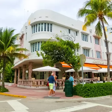 Miami, United States of America - November 30, 2019: Cardozo Hotel at Ocean drive in Miami Beach, Florida. Art Deco architecture in South Beach is one of the main tourist attractions in Miami.
